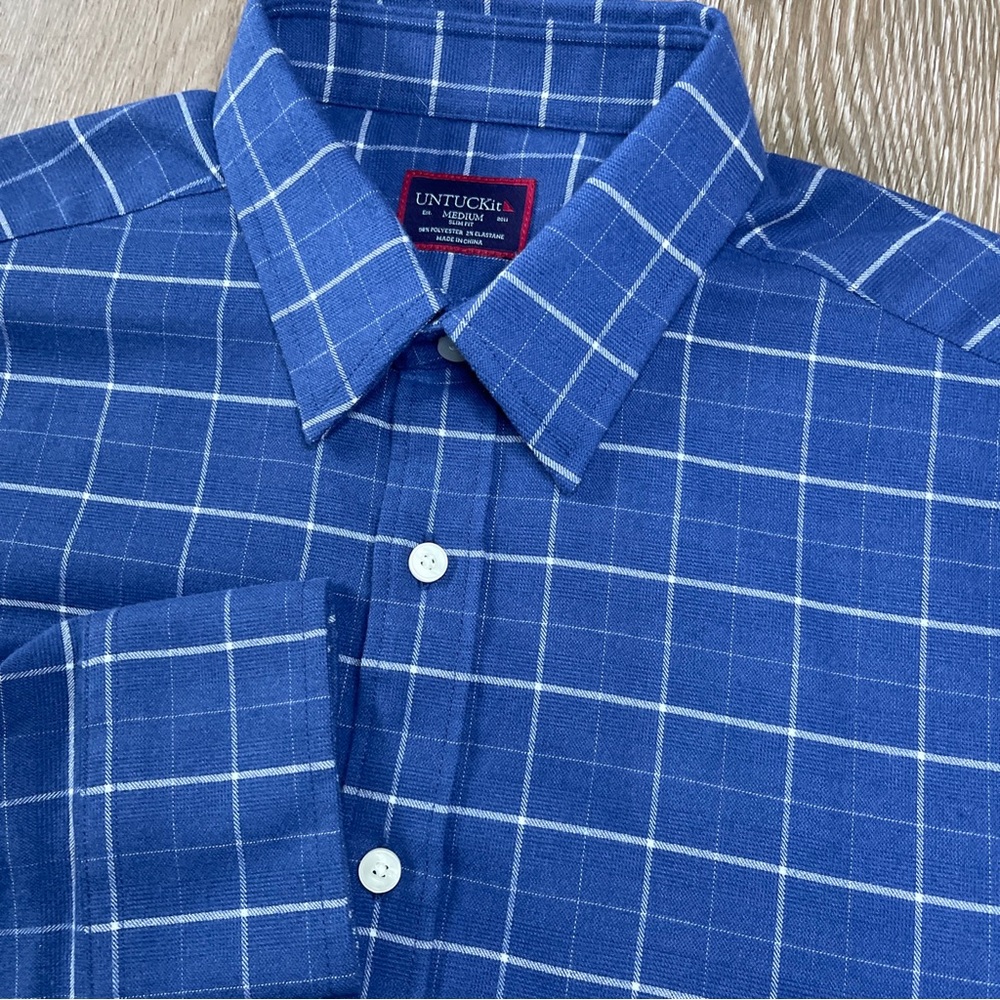 UNTUCKit Mens Medium Blue Plaid Otranto Polyester Long Sleeve Button Front Shirt